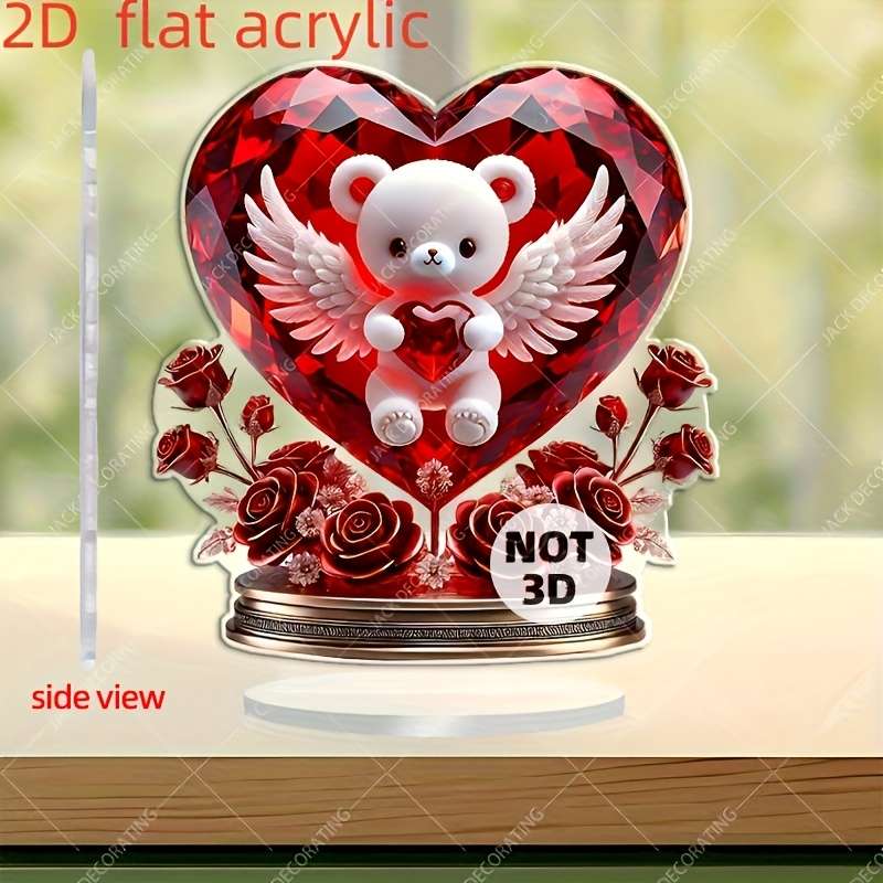 1pc 2D Flat  Charming Crystal Bear Heart Decoration  Desktop Decor Suitable for Home and Valen