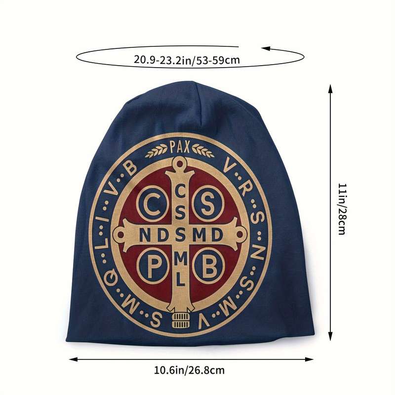 1pc Men's Saint Benedict Medal Print Skull Cap Royal Style Polyester Knit Beanie with Elastane Str