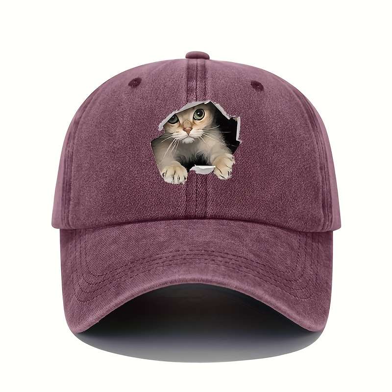 1pc Vintage Washed Cotton Baseball Cap with 3D Cat Print Adjustable Stretch Fit Lightweight All-S