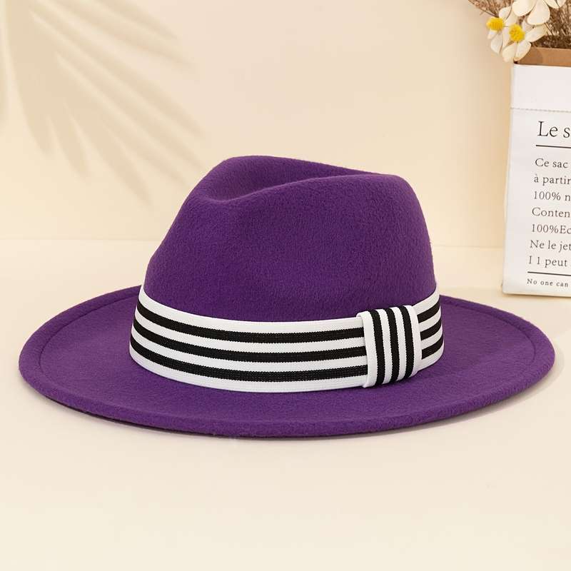 1pc Retro Fashion Jazz Fedora Hat with Striped Woven Band 100% Polyester Lightweight Imitation