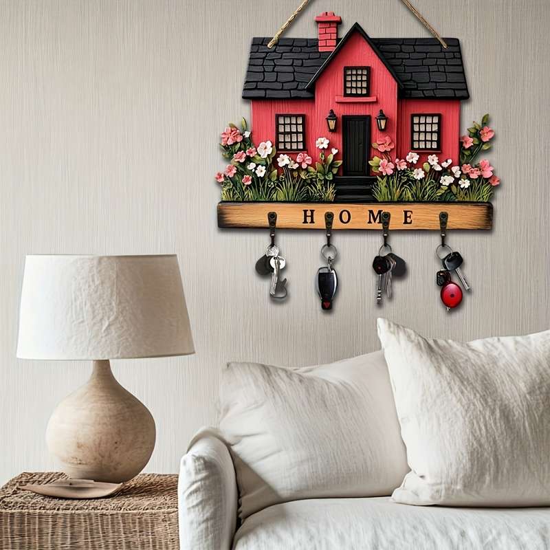 1pc romantic flowers and red house wooden key hanger key storage with hooks four-season multi-fun