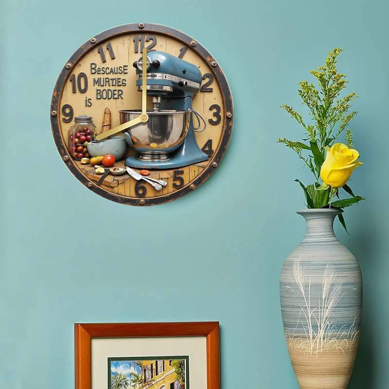 1pc Vintage Kitchen-Themed 20.32x20.32 cm Silent Wall Clock Aluminum Retro Design with Blue Wh