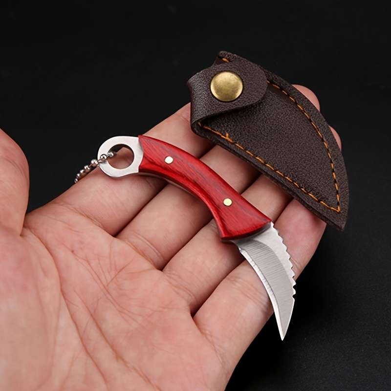 1pc Compact Stainless Steel Keychain Knife with Red Handle Faux Leather Sheath