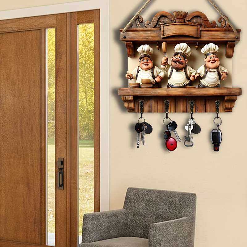 2D Flat 1pc Restaurant Chef Happy Partner Simple Colorful Wooden and Home Key Hanger with Four Me