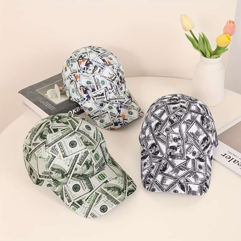 1pc Funky Money Print Baseball Cap 100% Polyester Lightweight Adjustable Hip-Hop Hat Unisex for Mus