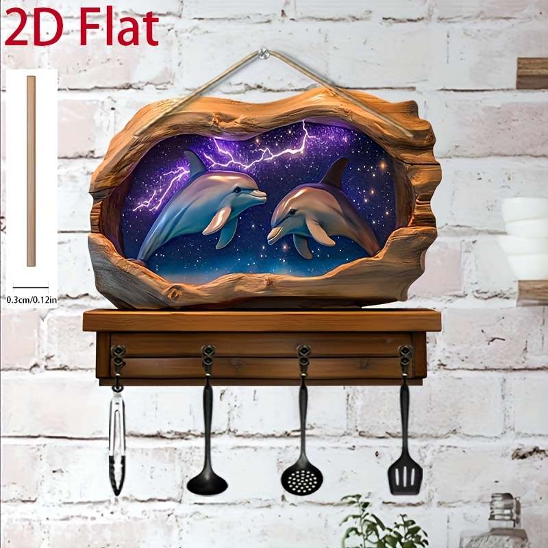 2D/Flat Dolphin Simple Colorful Wooden and Home Key Holder with Four Metal Hooks Wall Decor Porch
