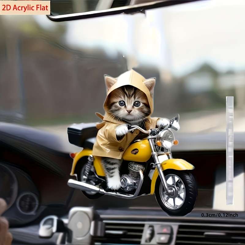 1pc 2D Flat  Acrylic Car Dangling Charm Classic Style Acrylic Cat Riding a Motorcycle Keychain B