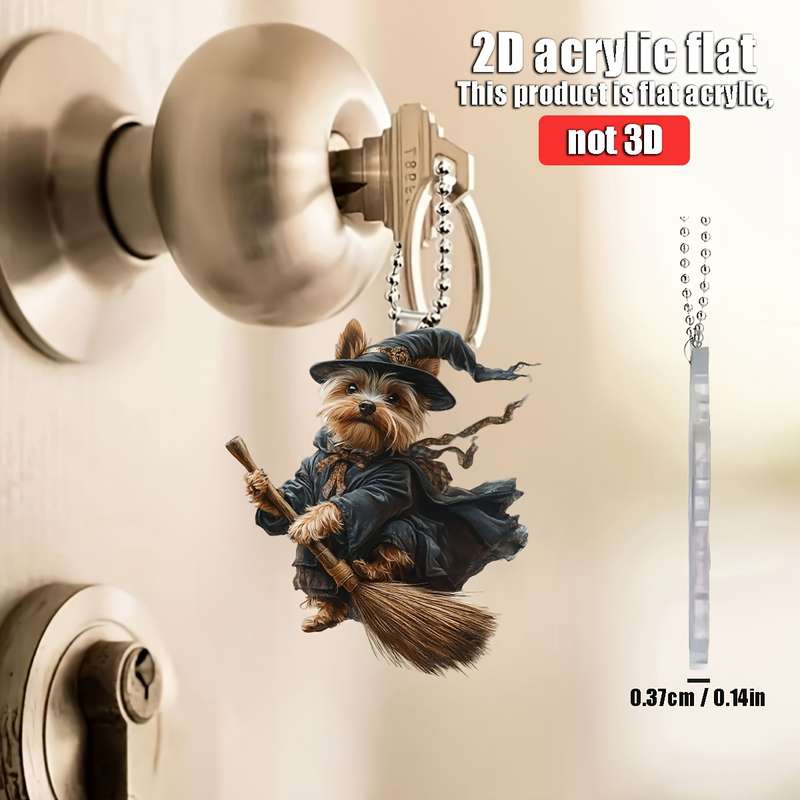 1pc 2D Flat   Yorkshire Terrier Magician  Acrylic Pendant Whimsical Dog in Wizard Costume w