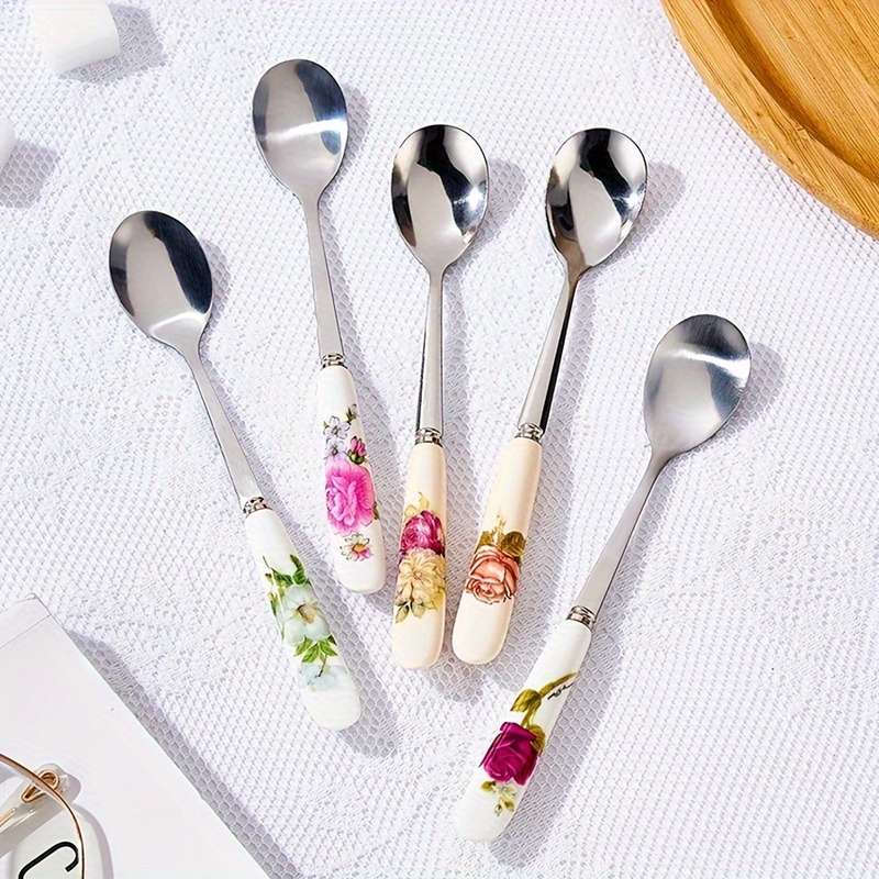 6pcs OUKEAI Stainless Steel Coffee Spoons with Floral Ceramic Handles Elegant Mixing Serving