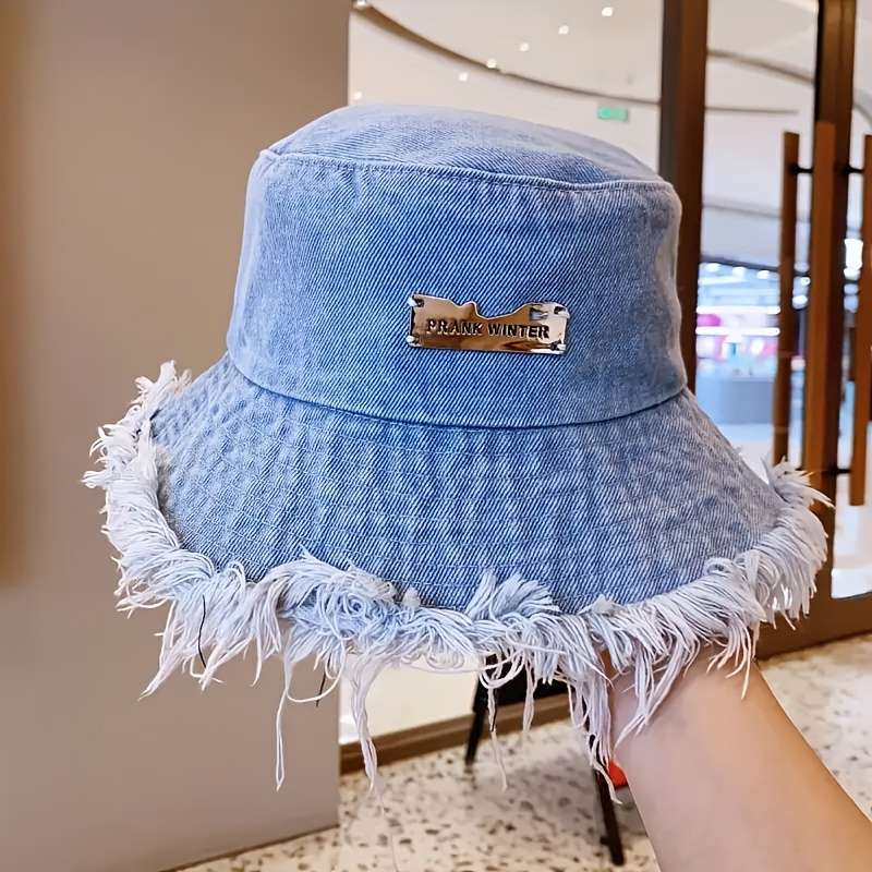 1pc Stylish Denim Bucket Hat with Letter Label Lightweight Versatile and Elastic Fisherman Hat