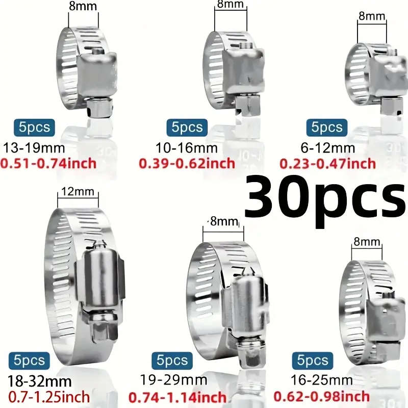 30-Piece Stainless Steel Adjustable Hose Clamp Set