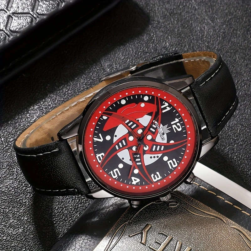 5pcs set Men's Fashion Red Black Quartz PU Leather Watch And Bead Bracelet Set Gift For Him