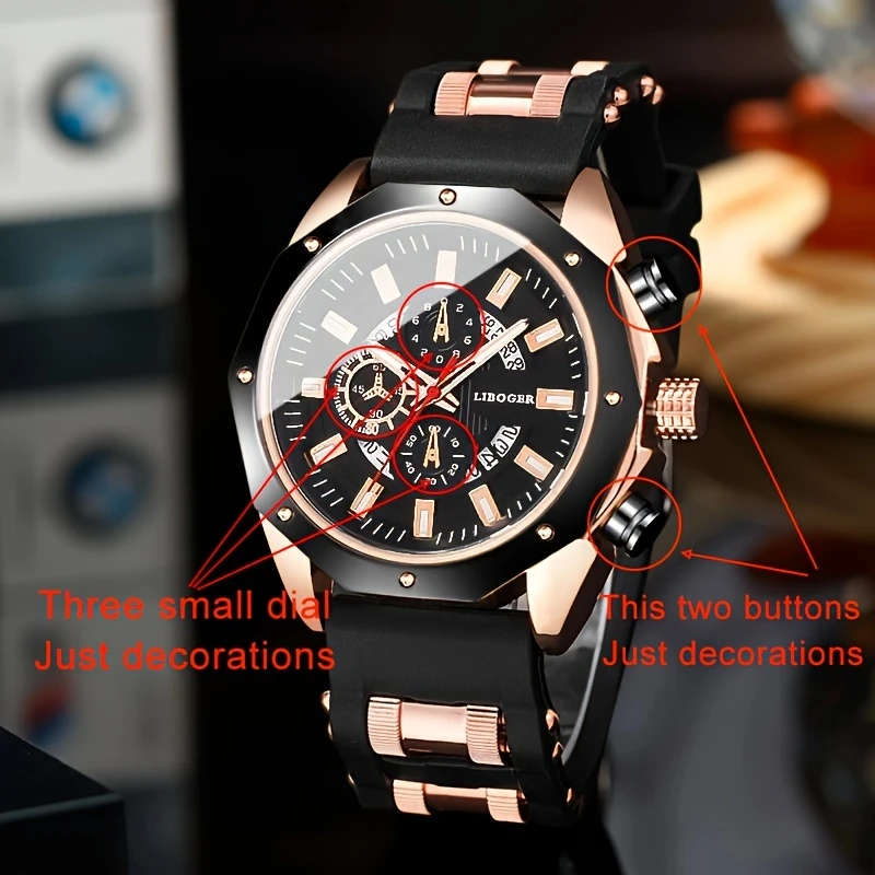1pc Men's Stylish Quartz Watch with Calendar Black Rose Golden Silicone Strap Zinc Alloy Case Round