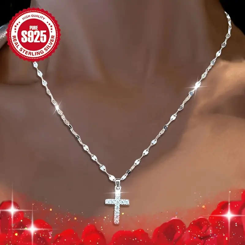 3 Piece 925 Silver Necklace with Cross Pendant, Zirconia Necklace and Cross Pendant Bracelet