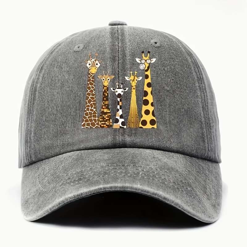 1pc Unisex Cotton Baseball Cap with Cartoon Giraffe Print Adjustable Washed Sun Hat Lightweig