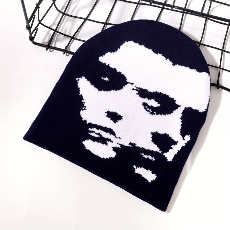 1pc Fashion Knit Beanie with Woman Portrait Design Breathable Warm Stretchy for Outdoor Activi