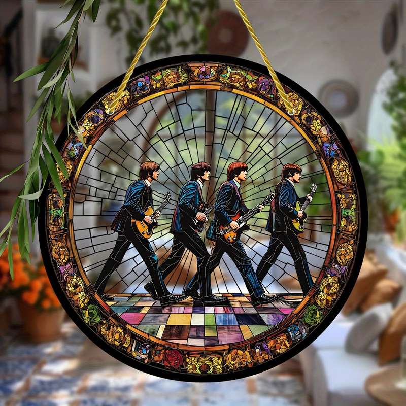 1pc 2D Flat 20.32cm Round Acrylic Sun Catcher with Stained Glass Style Iconic Beatles Design Vi