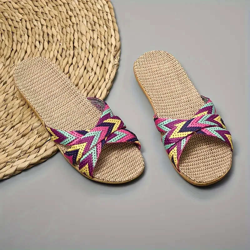 Women's BOHO Striped Linen Slippers - Summer Fashion, Comfortable Indoor/Outdoor Flats with EVA Sole