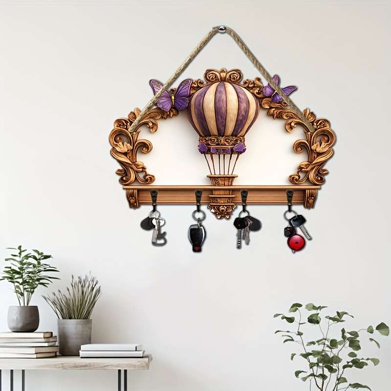 2D Flat 1pc gorgeous hot air balloon simple colorful wooden and home key hanger with four metal