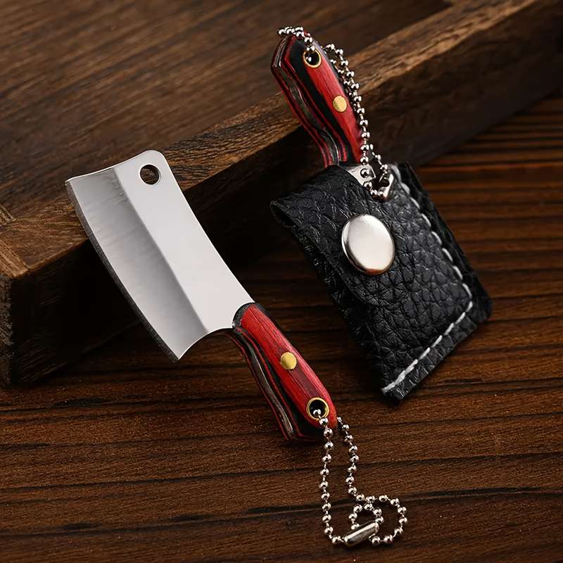 1pc Compact Stainless Steel Mini Knife with Wooden Handle Key Ring Lightweight P