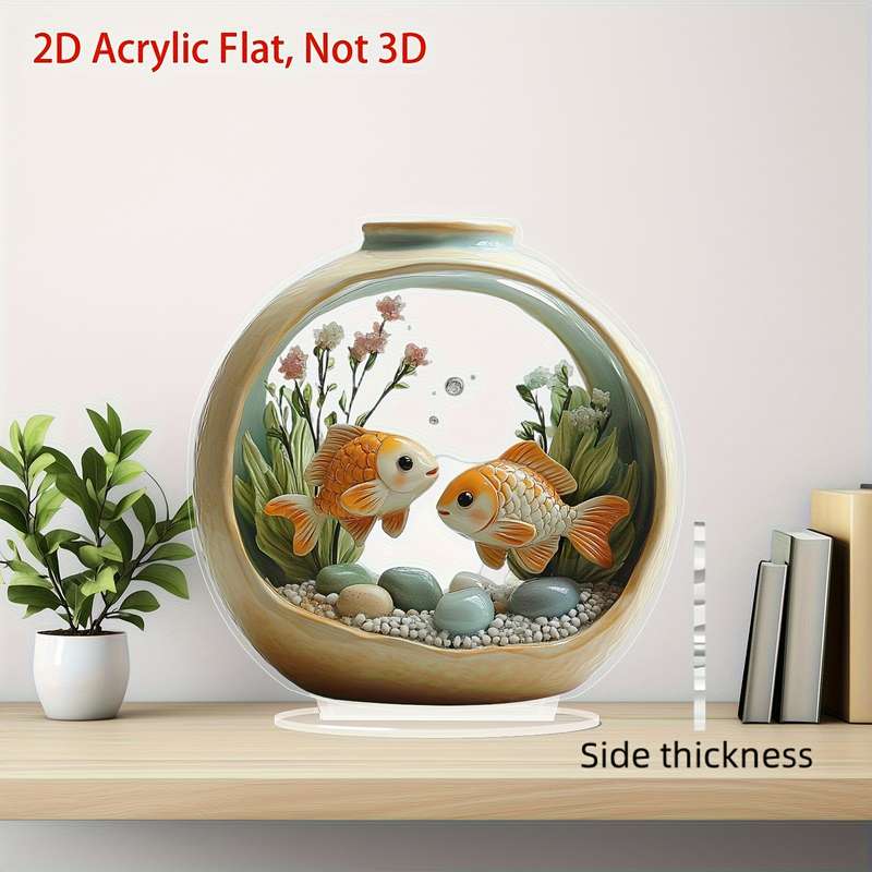 1pc 2D Flat   Bohemian Style Goldenfish Aquarium Acrylic Art Desktop Decor with Base Perfect fo