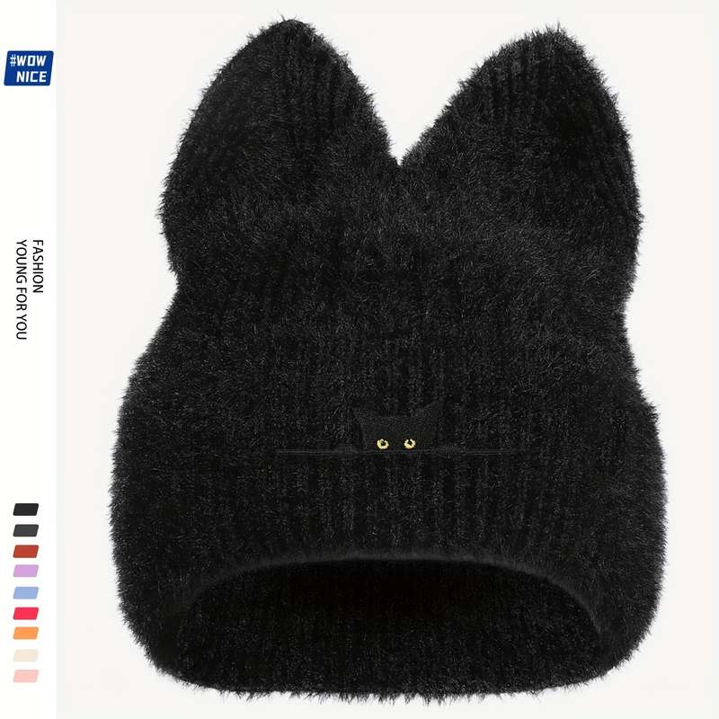 1pc Cozy Black Cat Embroidered Knit Beanie Thick Plush Winter Hat with Ear Covers Breathable St