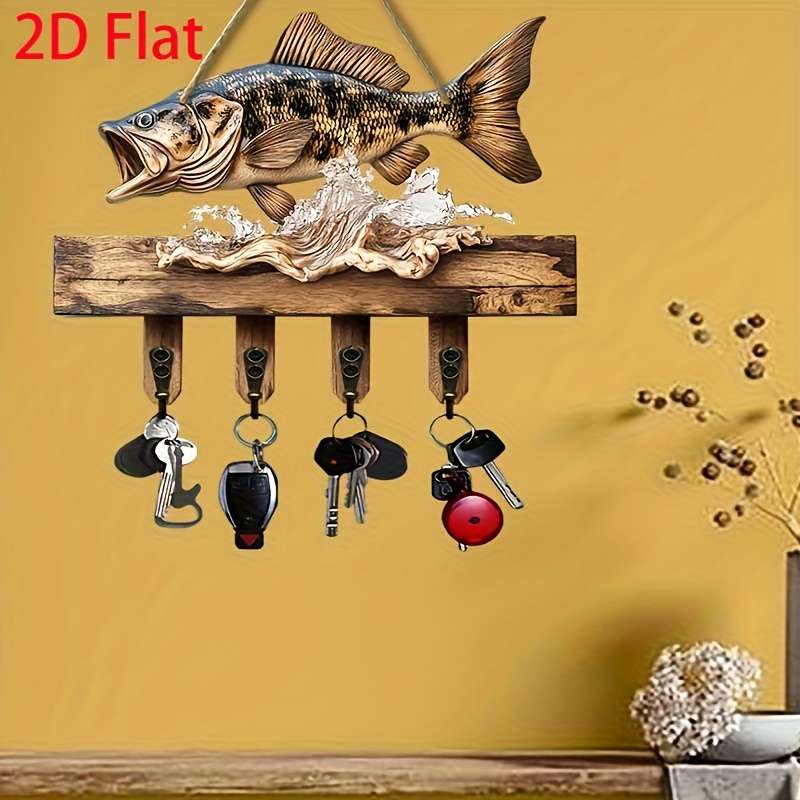 1 2D Jumping Fish Hook Decorative Rack Simple Colorful Wooden Home Key Hanger with Four Metal Hooks