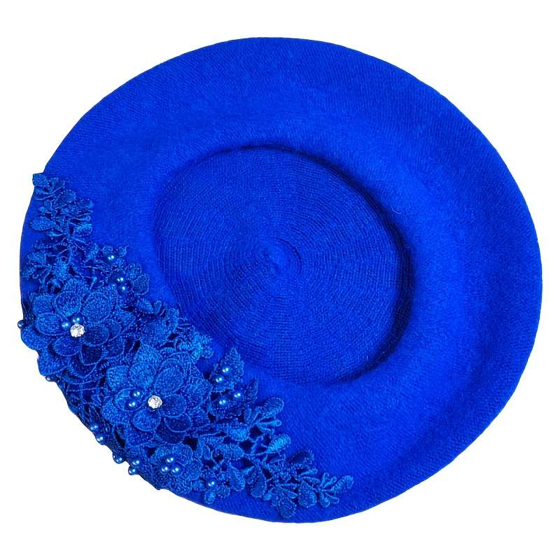 1pc Stylish Knitted Beret with Embroidery Design and Rhinestone Accents Vintage Style Fashionabl