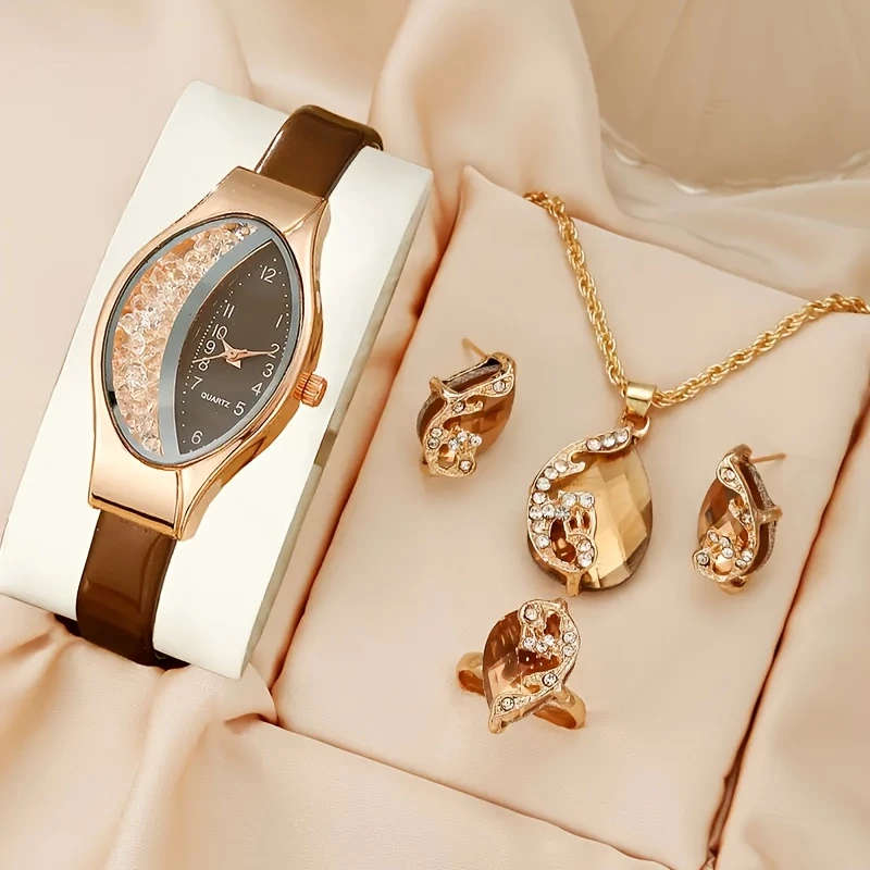 5pcs Set Elegant Women'S Quartz Watch and Jewelry Set Unique Flowing Sand Design Alloy Case