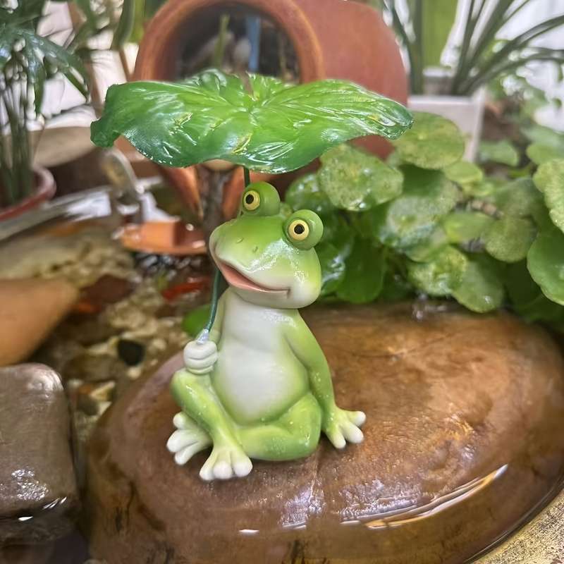 1pc 2D Flat Whimsical Resin Frog Holding for Lotus Leaf Figurine Handcrafted Garden Patio Pond Decor