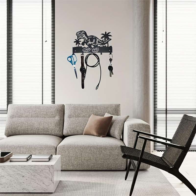 Metallic Dinosaur Coconut Tree Wall Coat Rack with 5 Alloy HooksTropical Palm Tree Key Holder for