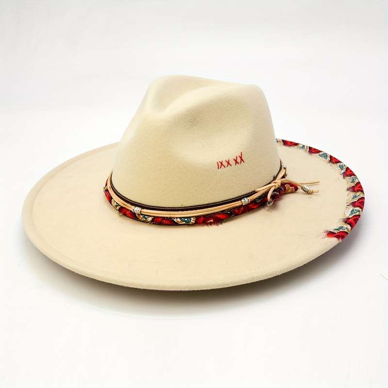 1pc Boho Trim Rope Decor Fedora Hats Classic Solid Color British Style Felt Hat Trendy Jazz Fedoras