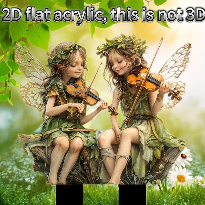 1pc 2D Flat   Acrylic Fairy Garden Stake Decorations Whimsical Elf Figurines Playing Violins W