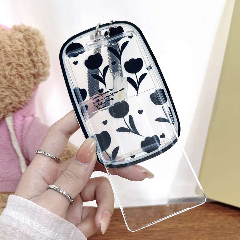 1pc Chic Black Tulip Floral Design Card Holder with Coiled Lanyard and Daisy Keychain Charm Durab