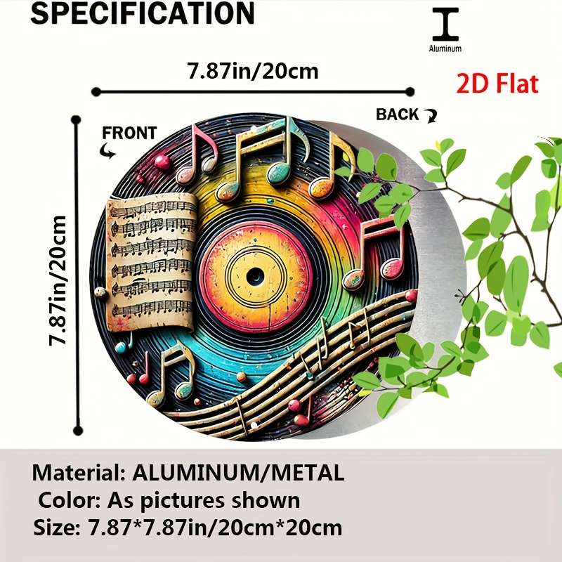 1pc 2D Flat  Vintage Metal Sign with Colorful Music Notes and Records Aluminum Round Poster wi