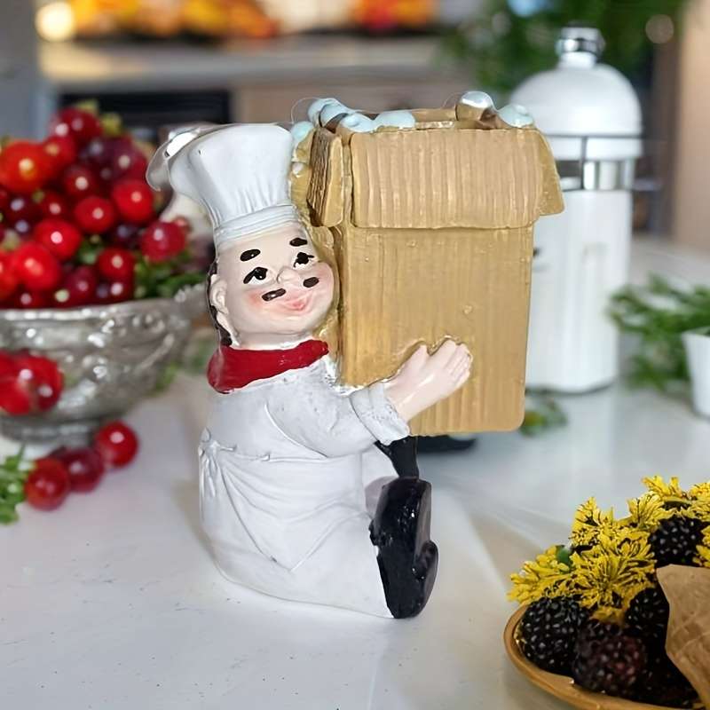 1pc Chef Figurine Kitchen Decor Resin Craft with Red White Striped Apron Black Pants Hat