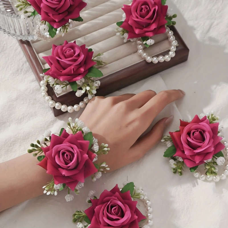 Random Colors 6pcs Elegant Red Rose Wrist Flowers With White Gypsophila And Faux Pearl Chain
