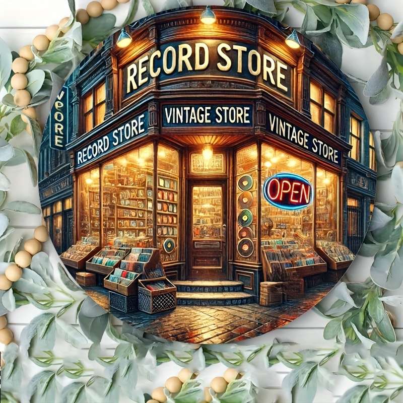 1pc Vintage Record Store Metal Sign 19.81x19.81 cm Round Aluminum Wall Art Retro Decor for Home