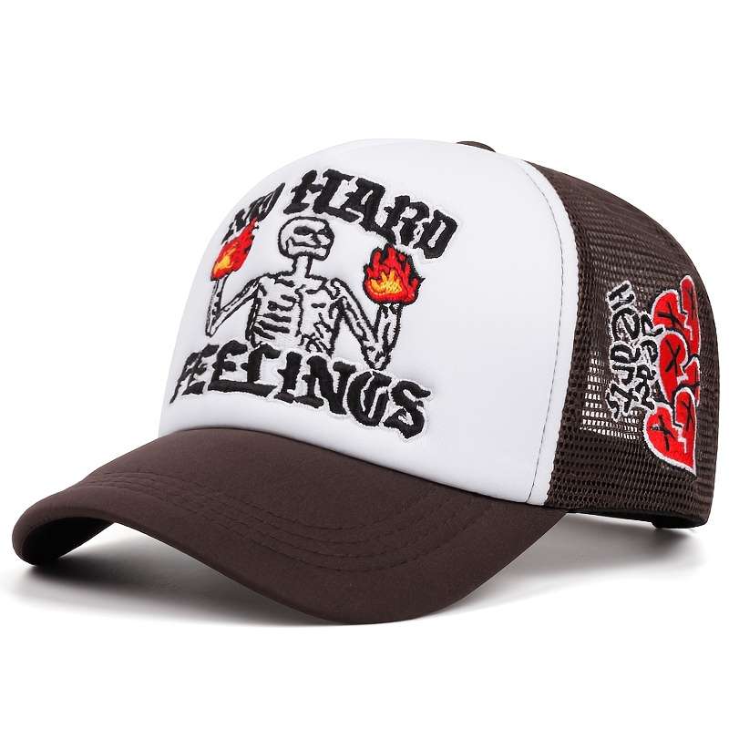 1pc Flame Skull Rose Embroidered Baseball Cap Lightweight Adjustable Snapback for Outdoor Spor