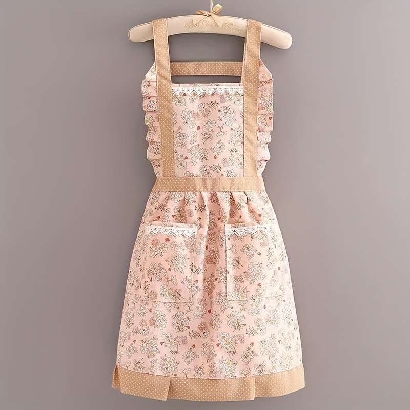1pc Elegant Floral Print Apron for Women Double-Pocket Design with Ruffled Details Perfect f