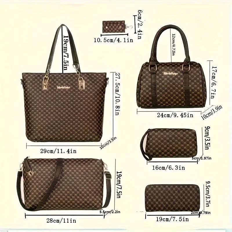 6pcs Geometric Pattern Bag Set Fashion Tote Bag With Boston Handbag Crossbody Bag Long Wallet Clutch