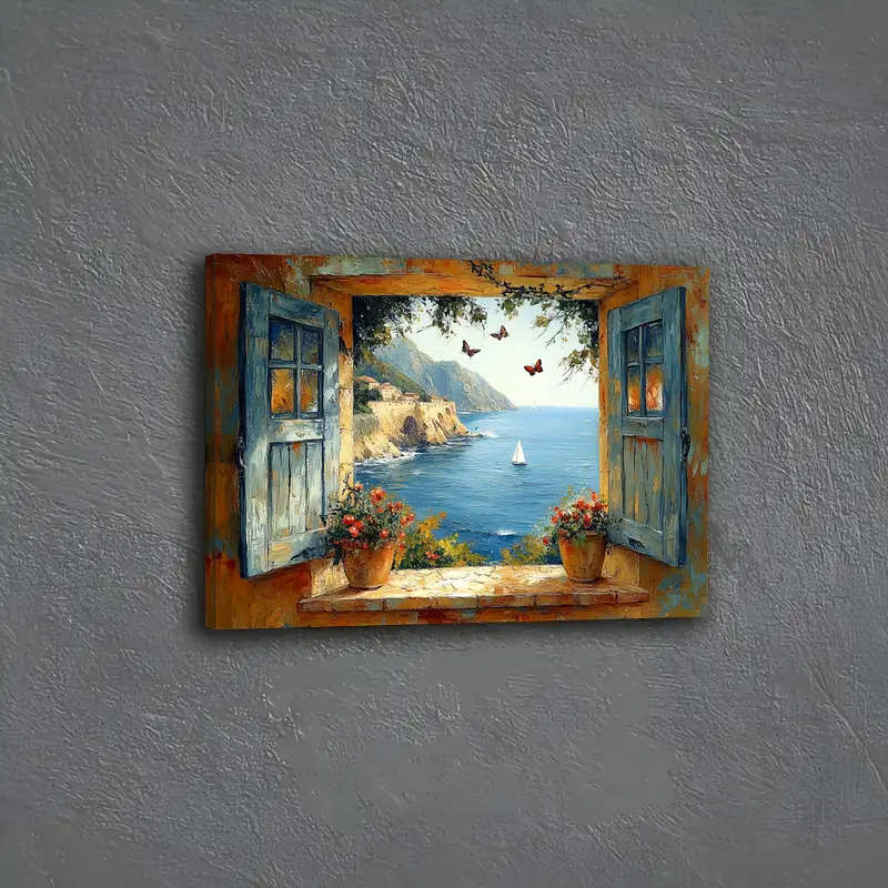 1pc Room Decor Nautical Coastal Landscape Canvas Wall Art Wooden Framed Seaside View with Sailing Bo
