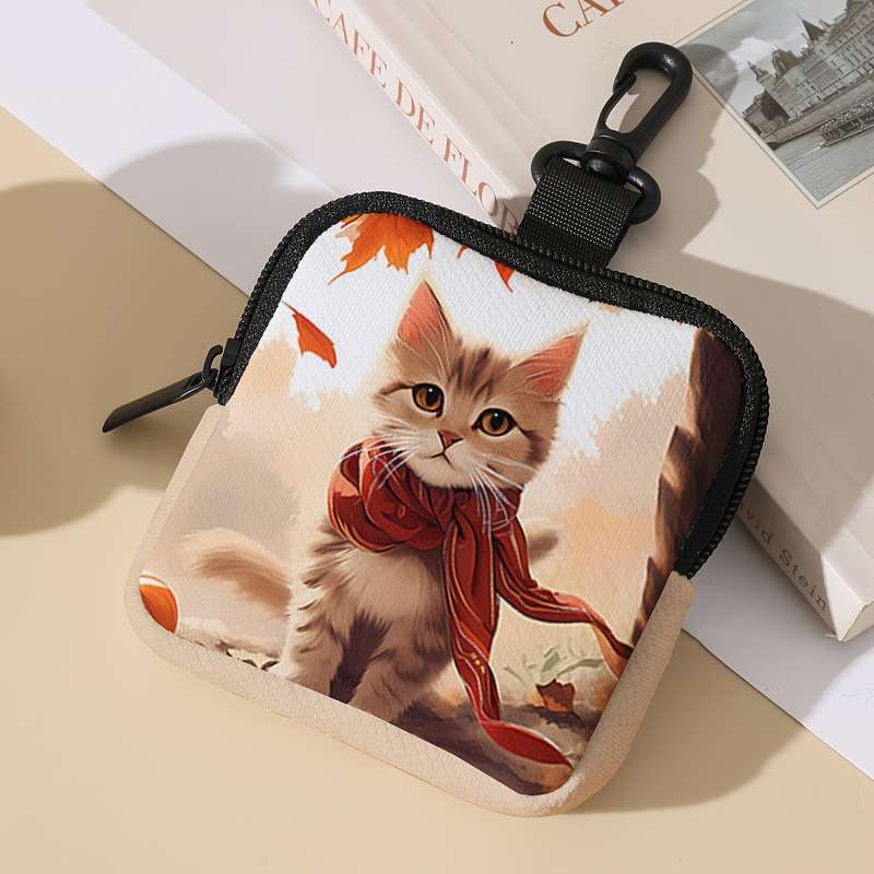 1pc Chic Maple Leaf Kitten Print Coin Purse Spacious Zippered Wallet with Key Holder Ideal Gif