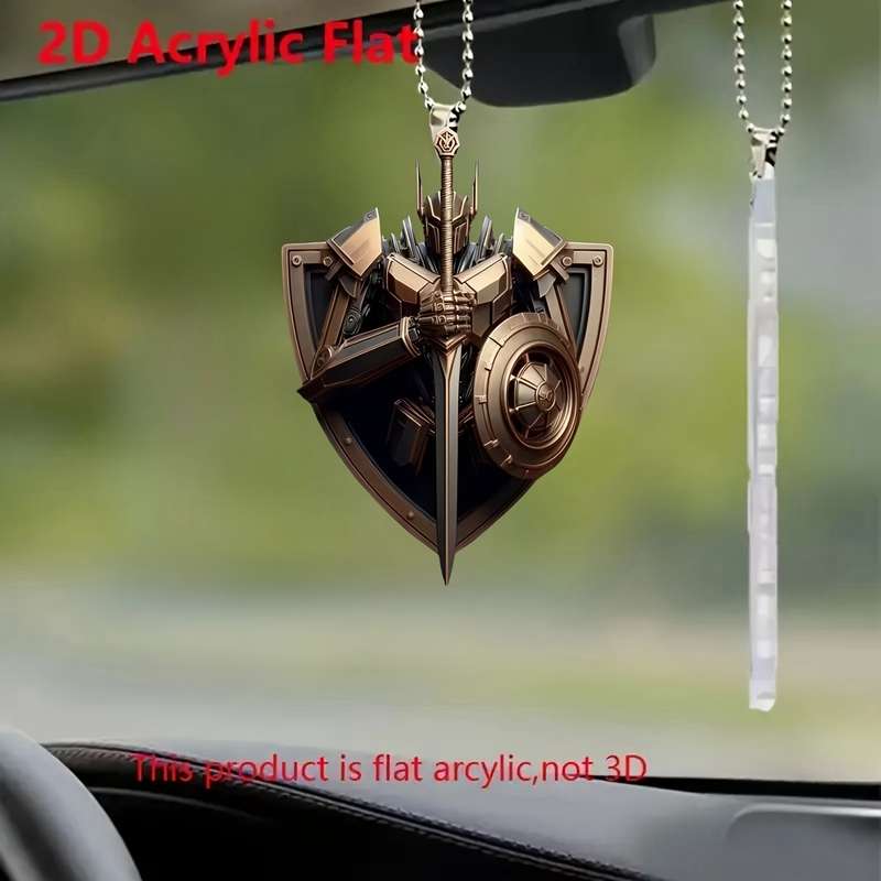1pc 2D Flat   Vintage  Acrylic Shield Pendant Knight Sword Design Car Hanging Ornamen