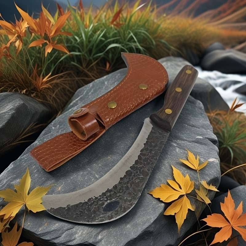 1pc Premium Stainless Steel Curved Knife with Faux Leather Sheath Lightweight Durable and A