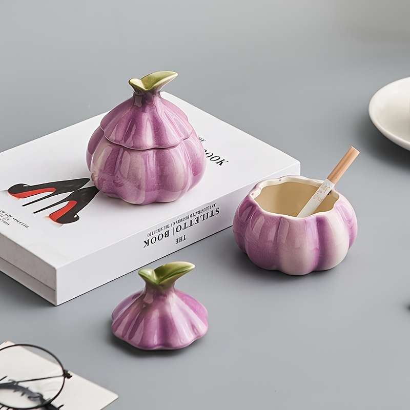 1pc Art Deco Style Garlic-Shaped Ceramic Ashtray Round Home Decor Trinket Simple Design No E
