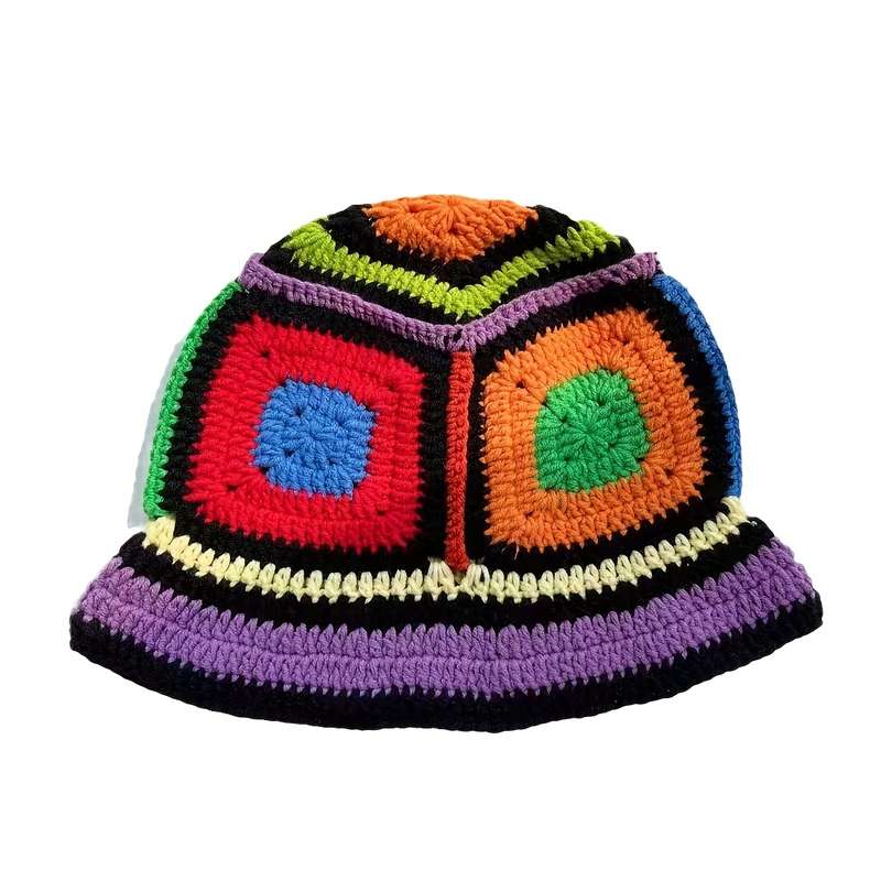 1pc Colorful Handmade Crochet Bucket Hat for Women C Vibrant Striped Knit Fisherman Cap Perfect fo
