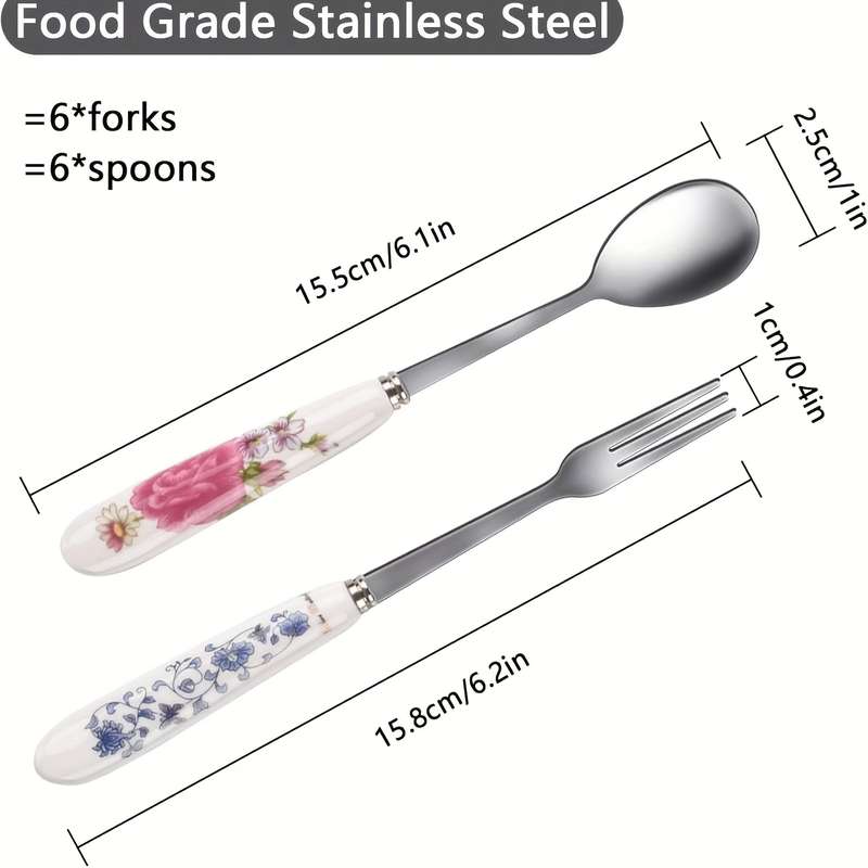 12pcs floral printed ceramic handle stainless steel tableware set polished surface tableware