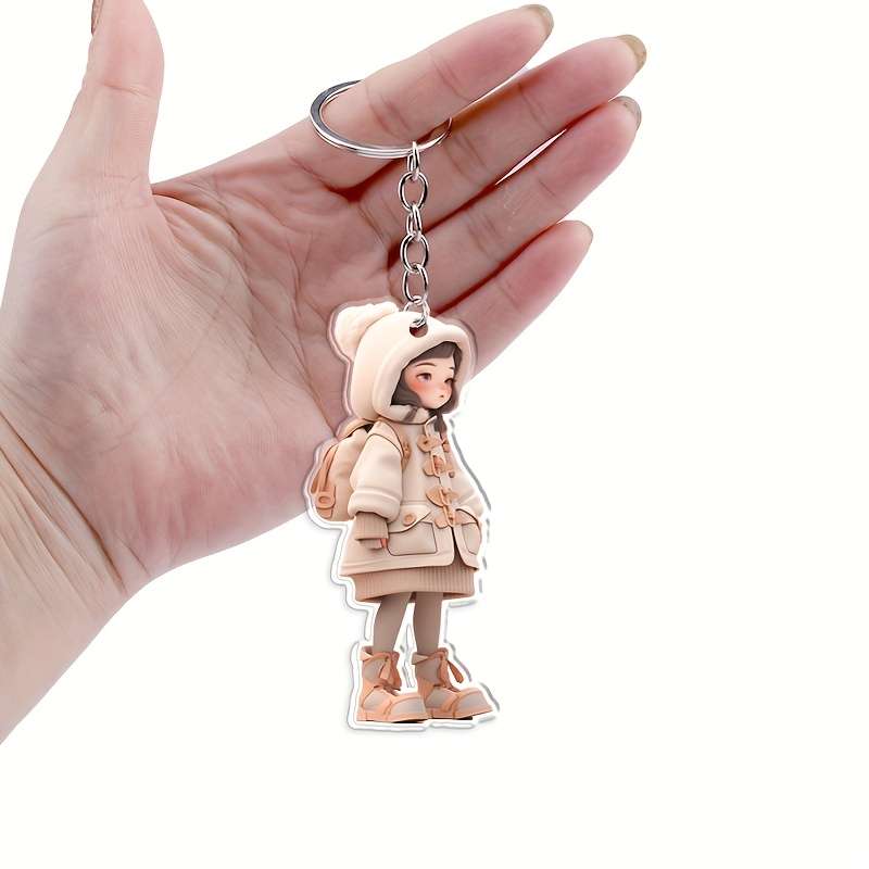 1pc 2D Flat Acrylic Trendy Winter Cartoon Female Keychain Pendant