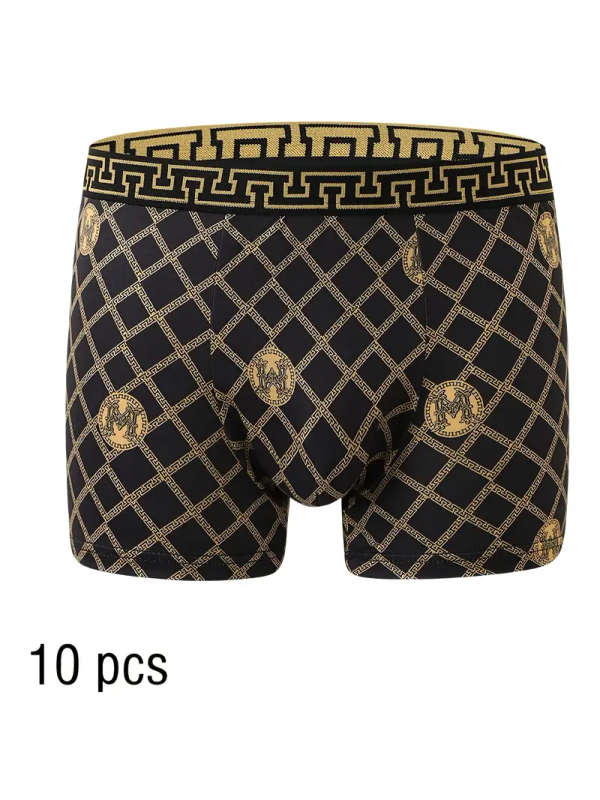 10pcs Men's Boxer Briefs Size M Black and Golden Print High Stretch Polyester Knit Fabric Quick-Dry